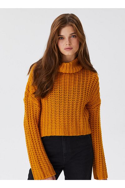 Lee Cooper Women's Stand Collar Knitted Mustard Sweater 241011   Laura Mustard