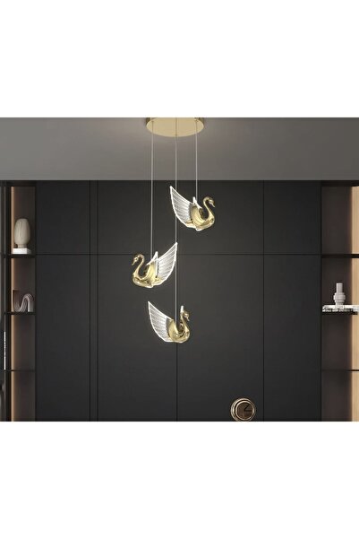 burenze Luxury Exclusive Modern Sarkıt Üçlü Kuğu Led Avize Swan Gold Sarı Led...
