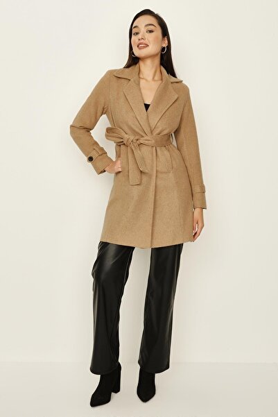 Select Moda Γυναικείο παλτό με καφέ ζώνη με επένδυση