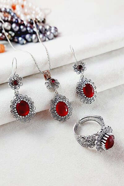 Altınışık Gümüşçülük 925 Ayar Gümüş Telkari Oksitli Oval Modeli 3lü Set 45 Cm...