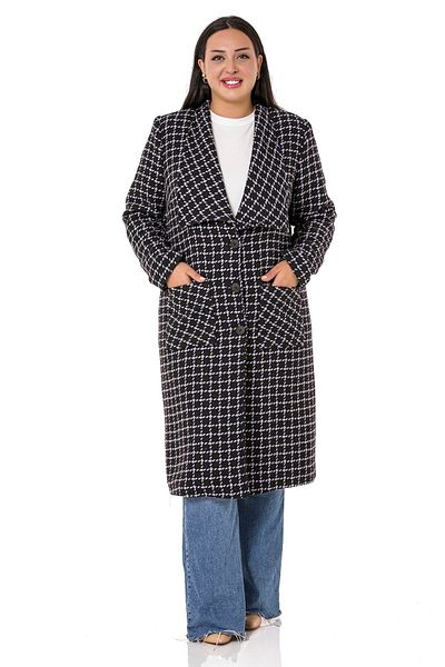 DISENTIS MODEST Plus Size Black Lilac Coat - Shawl Collar, Button, Bag Pocket and Lining