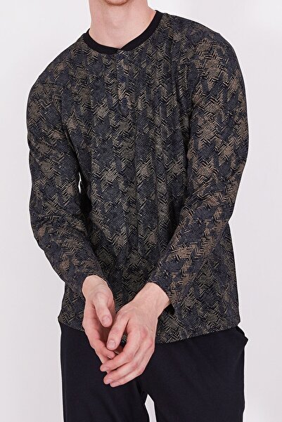 Arnetta Yakası Düğmeli Siyah Erkek Uzun Kol Pijama Takım