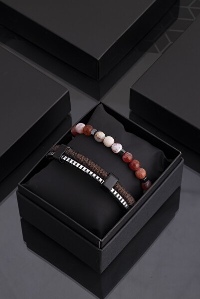 Sortie Aksesuar مجموعة أساور للرجال من الجلد الطبيعي والحجر الطبيعي 027