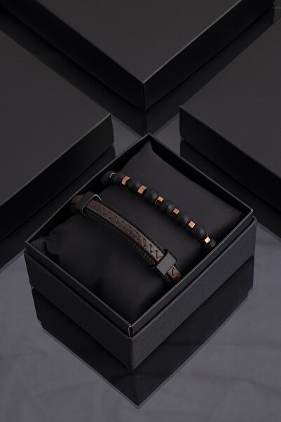 Sortie Aksesuar Hakiki Deri Ve Doğal Taş Erkek Kombin Bileklik Seti 002