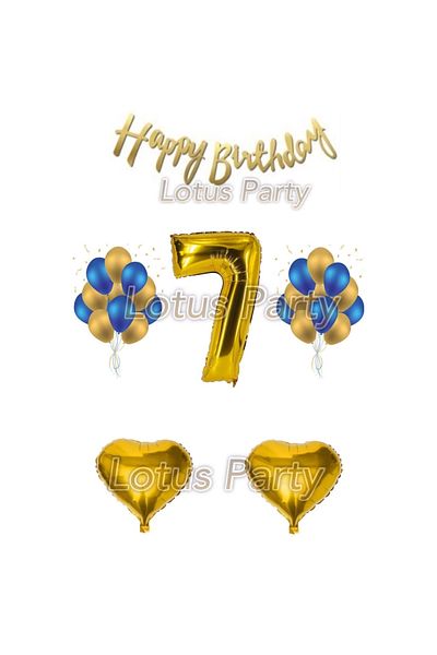 LOTUS PARTY 7 Year Old Birthday Set - 1 Number Balloon - 20 Gold Navy Blue Balloons - 2 Hearts - Happy Birthday Text