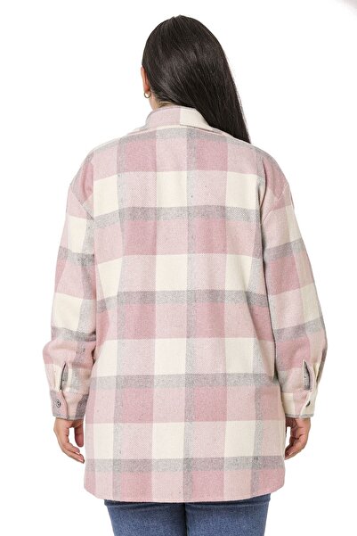 DISENTIS MODEST Πουκάμισο μεγάλου μεγέθους Φούστα με γιακά οβάλ κοπής με πτερύγιο τσέπη ξυλοκόπο Ροζ μπουφάν