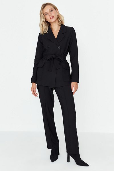 Trendyol Collection Black Belted Woven Lined Double Breasted Closure Blazer Jacket TWOAW23CE00113