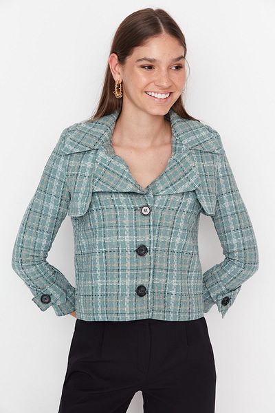Trendyol Collection Mintgrüne kurze Tweed-Webjacke TWOAW23CE00203