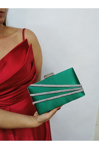 NAZART Geantă de seară verde piatră din satin pentru femei