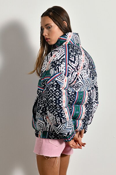 fehika Women's Green Lined Real Fiber Filling Goose Feather Printed Puffer Coat