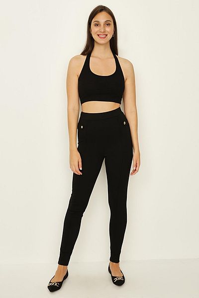 Select Moda Women's Black Gold Button Detailed Leggings Trousers