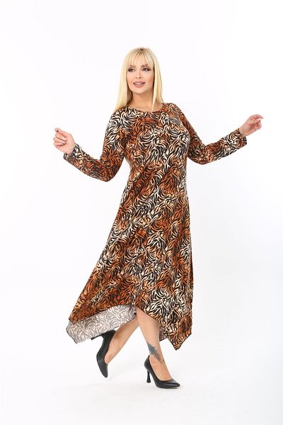 Mezura Women's Plus Size Long Sleeve Asymmetrical Cut Skirt Viscose Fabric Dress