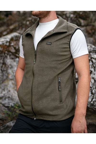 Huğlu Khaki Color Two-Pocket Zippered Fleece Vest