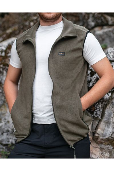 Huğlu Khaki Color Two-Pocket Zippered Fleece Vest