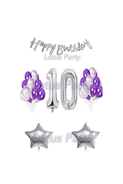 LOTUS PARTY 10 Year Old Birthday Set - 1 Number Balloon - 20 Silver and Purple Balloons - 2 Stars Happy Birthday Text