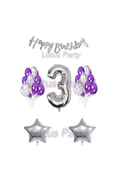 LOTUS PARTY 3 Year Old Birthday Set - 1 Number Balloon - 20 Silver and Purple Balloons - 2 Stars Happy Birthday Text