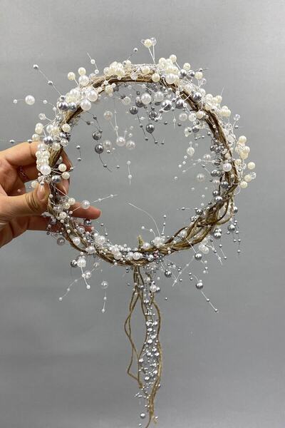 Limelia Булчинска корона от кристали, кремави перли и слама