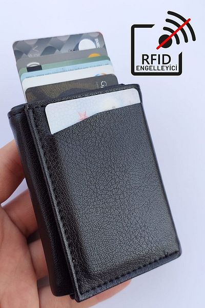 derisiparis Black Mechanism Wallet Men's Card Holder Unisex Leather Wallet