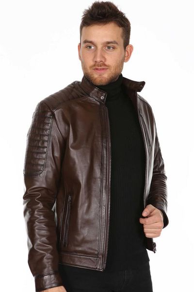 Derimont's Genuine Leather Brown Sports Sleeve Embroidered Men's Leather Jacket