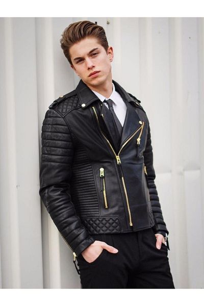 Derimont's Genuine Leather Black Embroidered Zippered Men's Leather Jacket