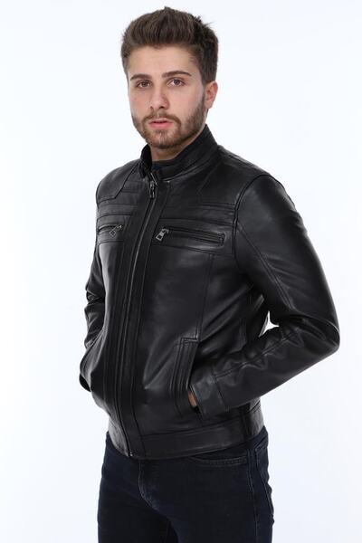 Derimont's Hakiki Deri Siyah Vera Dört Cepli Erkek Deri Ceket