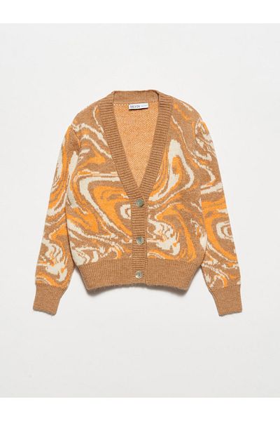 Dilvin 1249 Tricotaj cu modele jacquard cu decolteu în V Cardigan-camel