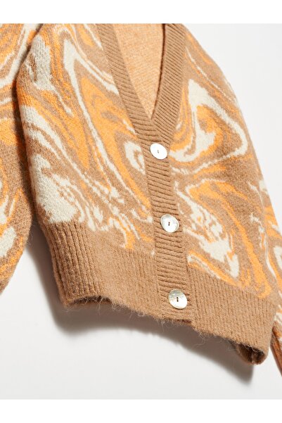 Dilvin 1249 Πλεκτό Ζακάρ με σχέδιο V-Neck Ζακέτα-καμήλα