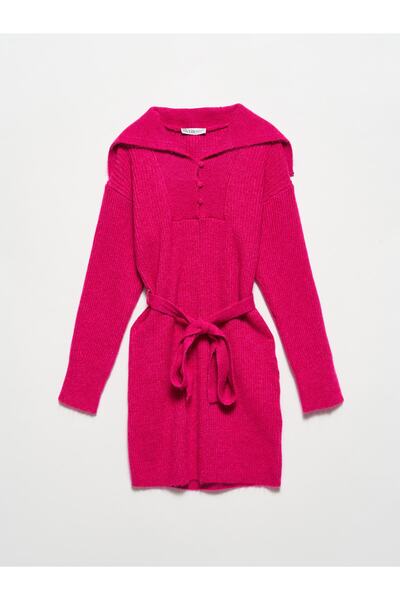 Dilvin 90125 Shirt Collar Ribbed Knitwear Dress-fuchsia