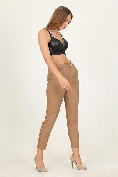 Neşeli Butik Women's Camel Metal Belted Pocket Office Pants Qns028