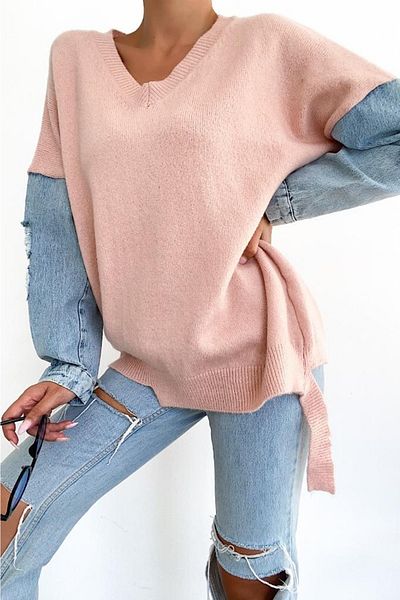 FEMELLE Pulover de tricotaj cu mâneci cu decolteu în V pudrat cu detaliu din denim