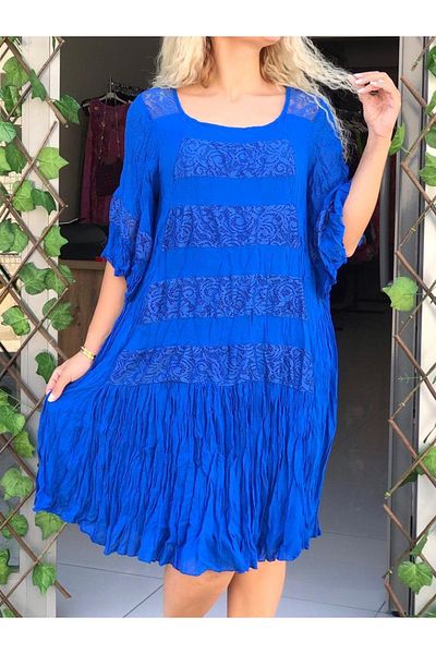 Sosyete Kaplumbağa Authentic Voile Cotton Lace Detailed Parliament Blue Dress