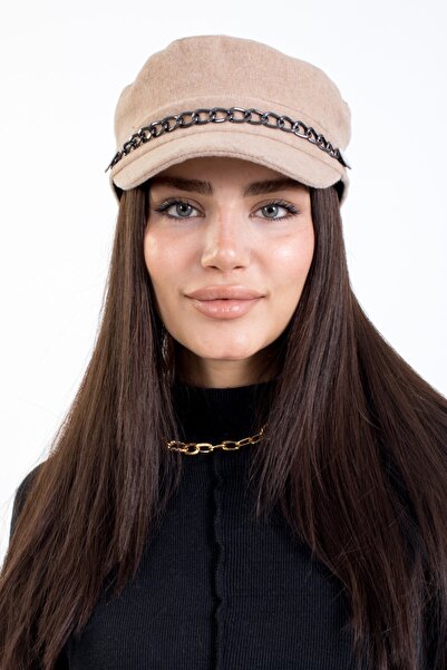 LadyColor Kadın Kışlık Zincirli Kaşe Kaptan Şapka Bej