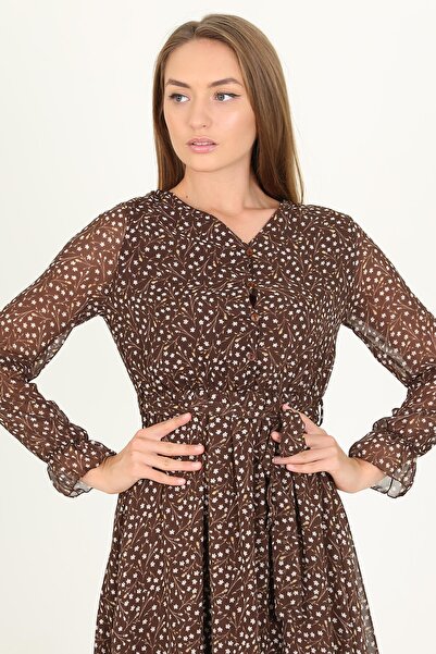 Neşeli Butik Γυναικείο φόρεμα σιφόν με λεπτομέρεια με κουμπιά και κορδόνια σε καφέ χρώμα Rssn10