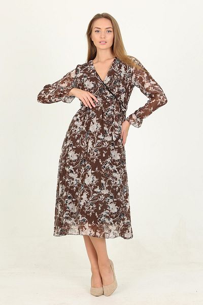 Neşeli Butik Γυναικείο φόρεμα σιφόν με καφέ σχέδιο Midi μήκους Rssn15