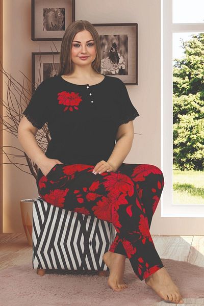 quilling Black Color Floral Patterned Lady-10868 Women's Short Sleeve Large Size Pajama Set