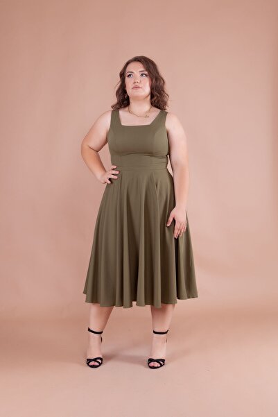 Bidoluelbise Women's Plus Size Square Collar Midi Length Dress