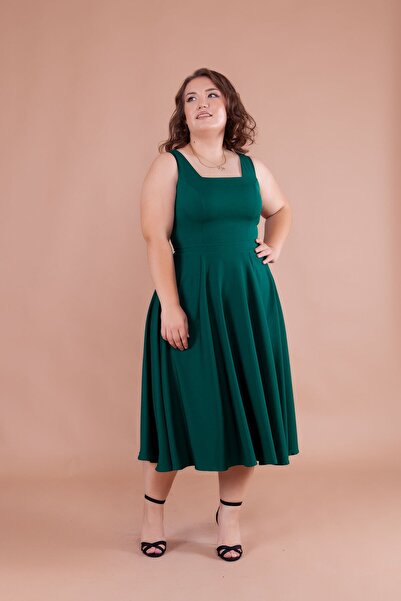 Bidoluelbise Women's Plus Size Square Collar Midi Length Dress