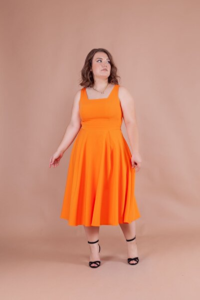 Bidoluelbise Women's Plus Size Square Collar Midi Length Dress