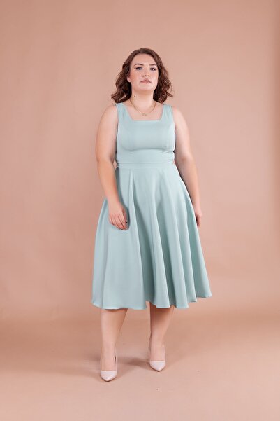 Bidoluelbise Women's Plus Size Square Collar Midi Length Dress