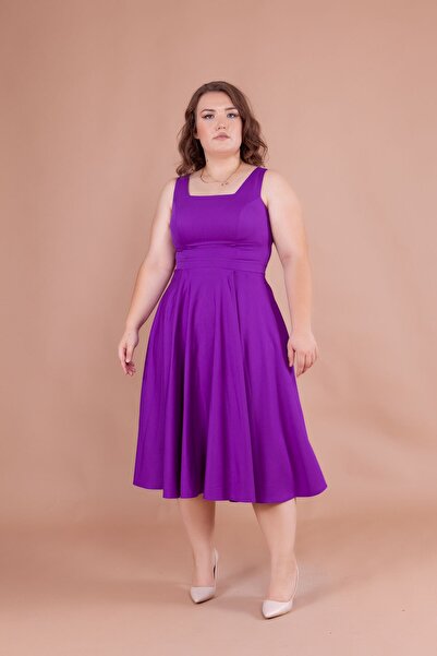 Bidoluelbise Kadın Büyük Beden Kare Yaka Midi Boy Elbise