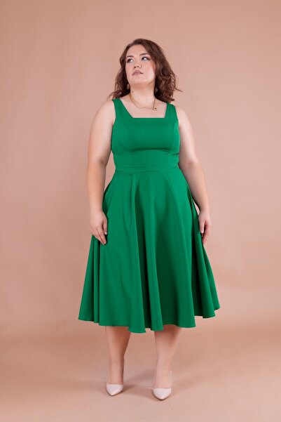 Bidoluelbise Women's Plus Size Square Collar Midi Length Dress