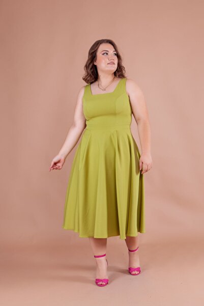 Bidoluelbise Women's Plus Size Square Collar Midi Length Dress