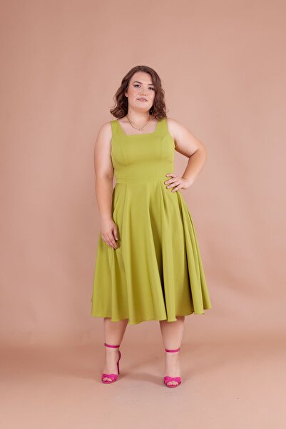 Bidoluelbise Women's Plus Size Square Collar Midi Length Dress