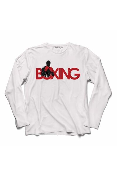 Kendim Seçtim Tricou alb cu mânecă lungă cu temă box pentru bărbați
