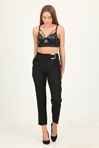 Neşeli Butik Μαύρο γυναικείο μεταλλικό παντελόνι γραφείου με τσέπες Qns028