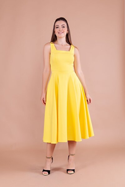 Bidoluelbise Kadın Kare Yaka Midi Boy Elbise