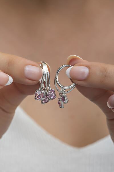 Nereze 925 Ayar Gümüş Rodyumlu 3 Taşlı Pembe Taşlı Halka Küpe