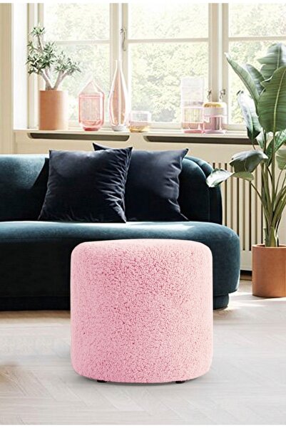 elissa home Lisa Puf Toz Pembe Tedy Kumaş Silindir Dekoratif Pufidik Puf Bench