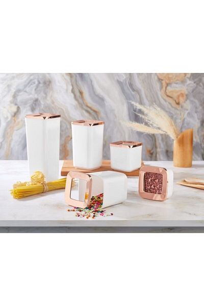VİP AHMET White 5-Piece Vacuum Square Storage Set - Copper Cover