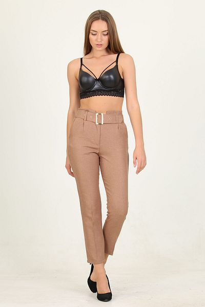 Neşeli Butik Women's Camel Belted High Waist Carrot Trousers Qns033